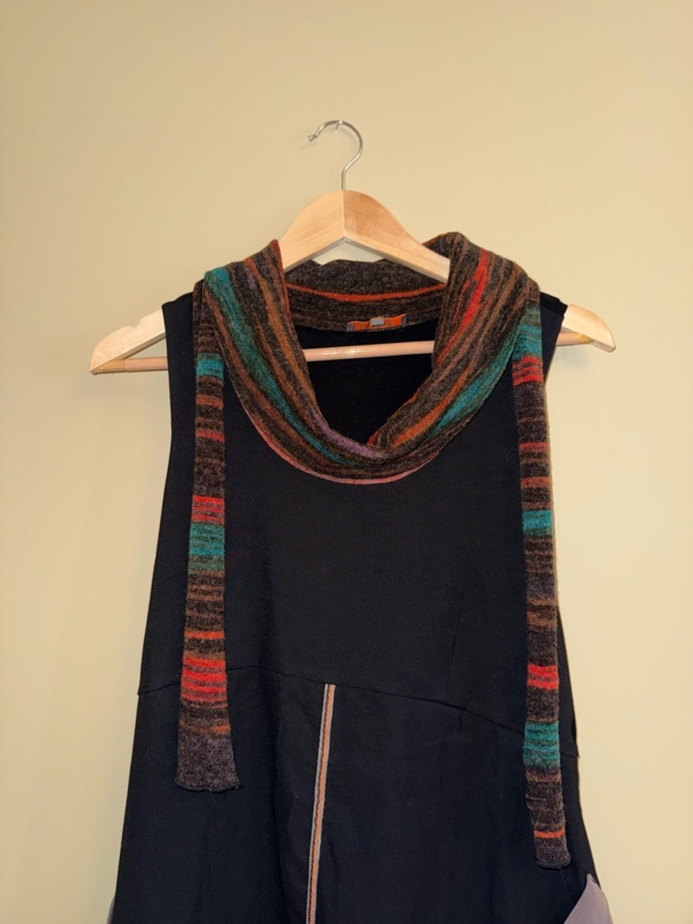 Mia Soana Black Sleeveless Tunic Dress Sz 40 Art To Wear Cow Neck Patchwork Euro - Picture 2 of 9